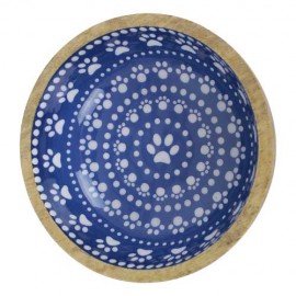 WOODEN BOWL WITH FANCY BLUE AND WHITE PAWS DESIGN